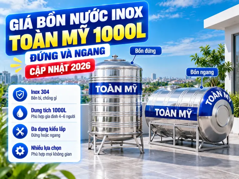 Giá bồn nước inox 1000L Toàn Mỹ 2026: Đứng và ngang