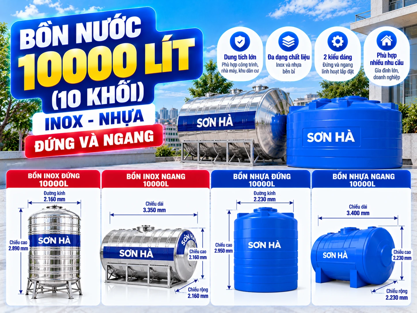 bồn nước 10000 lít inox và nhựa cho công trình