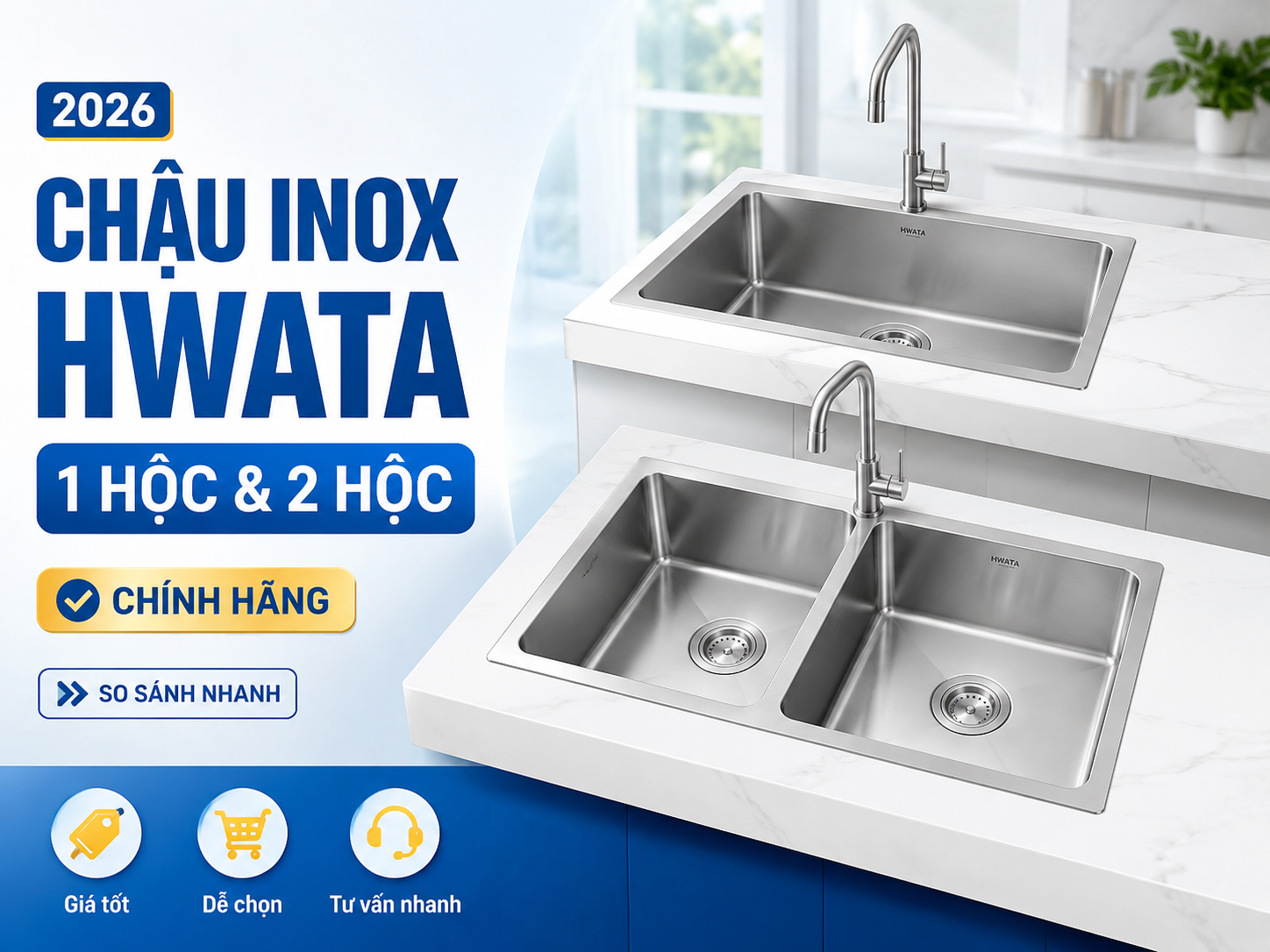 Chậu rửa Inox Hwata một hộc hai hộc chính hãng