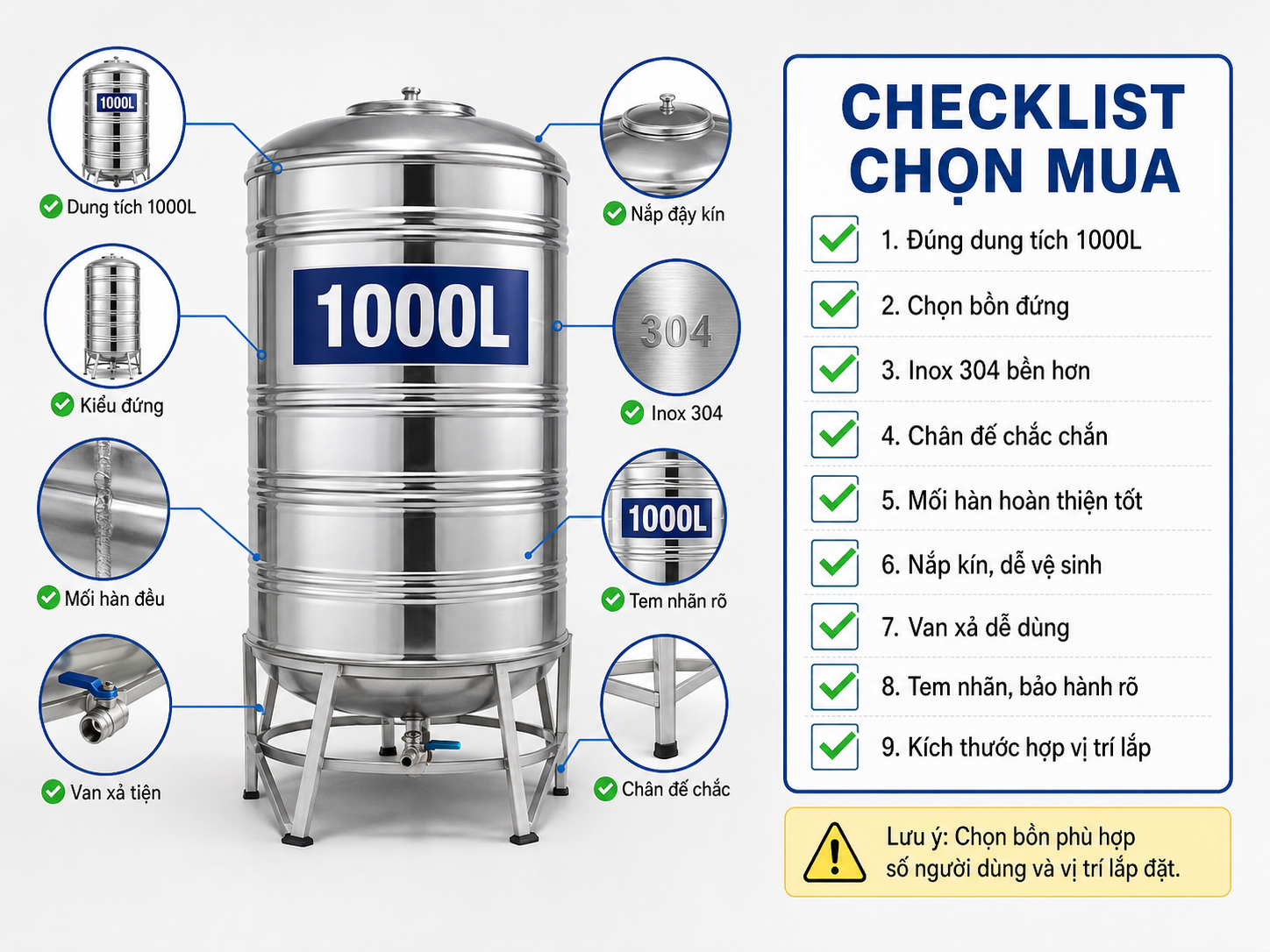 Kiểm tra model chân đế mối hàn và vị trí lắp bồn inox Checklist chọn mua bồn nước inox chính hãng giá rẻ