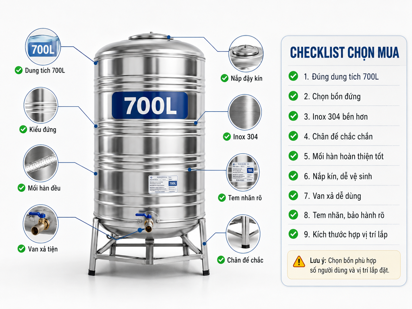 Checklist chọn mua bồn inox 700L đứng