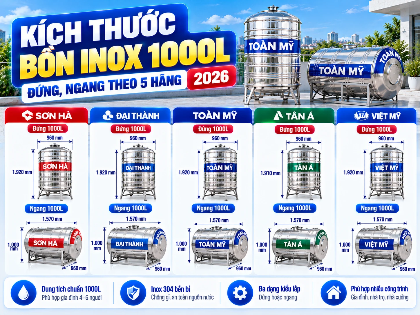 kích thước bồn inox 1000L đứng và ngang theo hãng