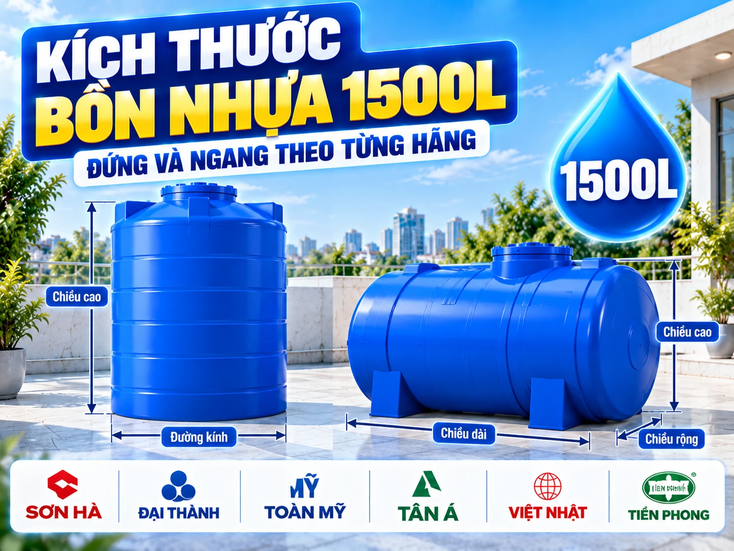 Kích thước bồn nhựa 1500L đứng và ngang Sơn Hà Đại Thành Tân Á