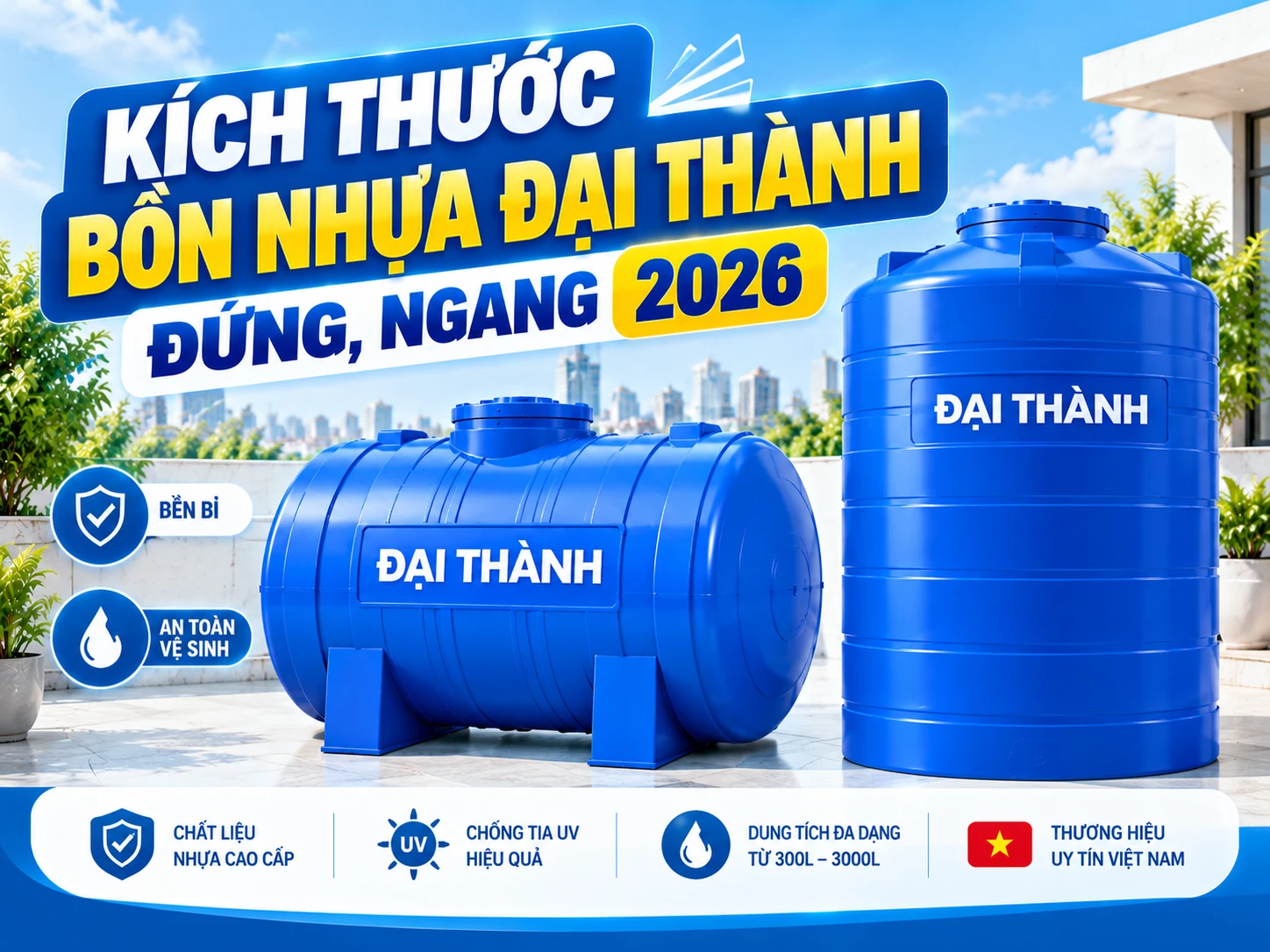 Kích thước bồn nhựa Đại Thành Gold Thế Hệ Mới Plasman đứng và ngang