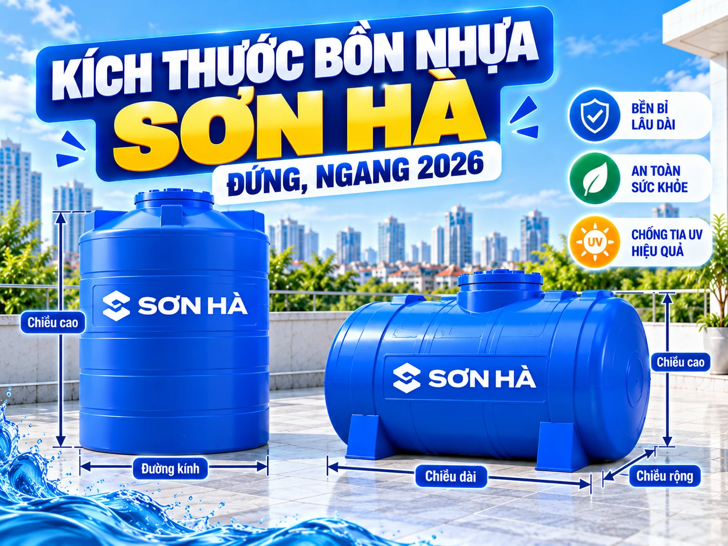 Kích thước bồn nhựa Sơn Hà đứng và ngang theo dung tích 300L đến 5000L