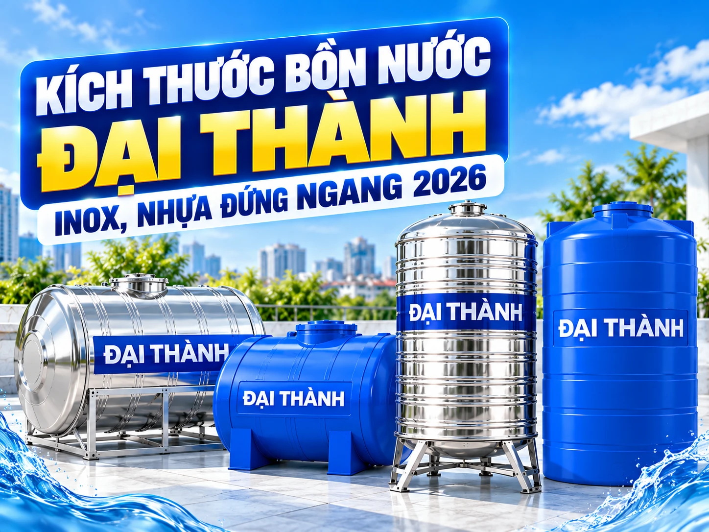 Bảng kích thước bồn nước Đại Thành inox và nhựa loại đứng ngang
