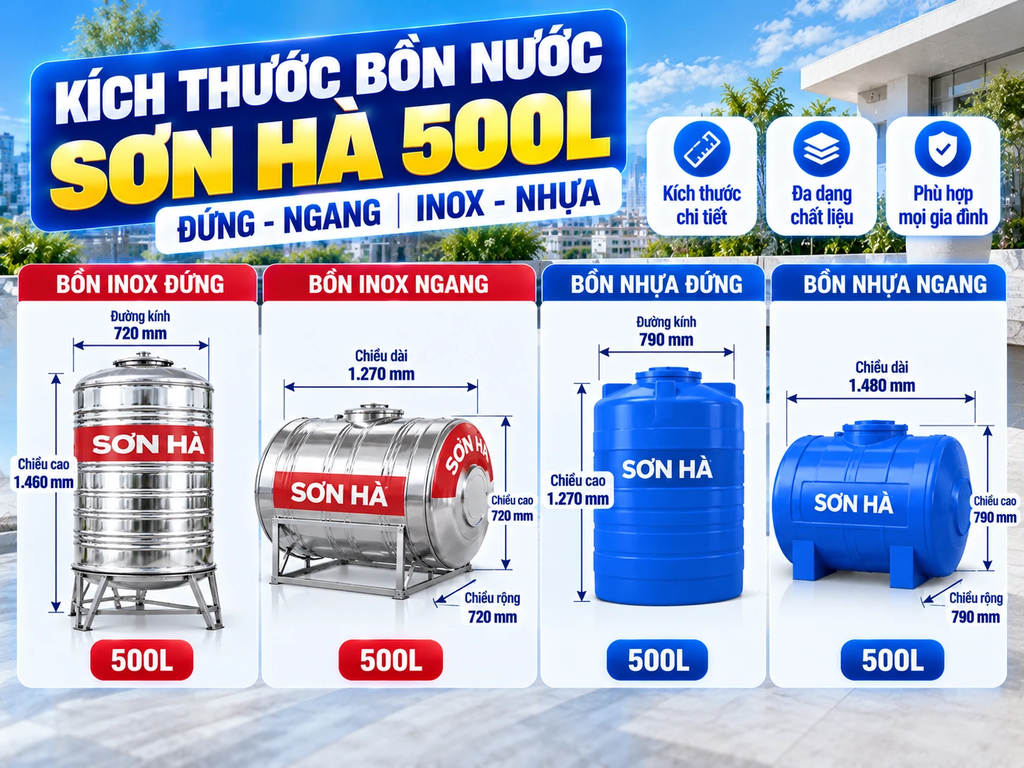 kích thước bồn nước Sơn Hà 500L đứng ngang inox và nhựa