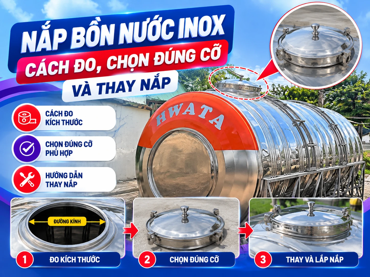 nắp bồn nước inox và các vị trí cần kiểm tra trước khi mua