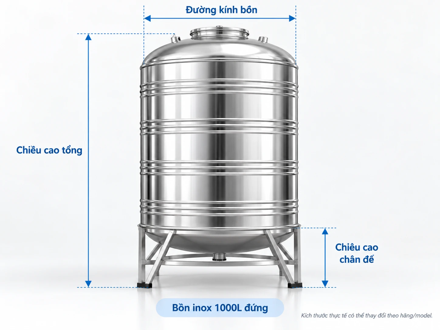 sơ đồ kích thước bồn inox 1000L đứng