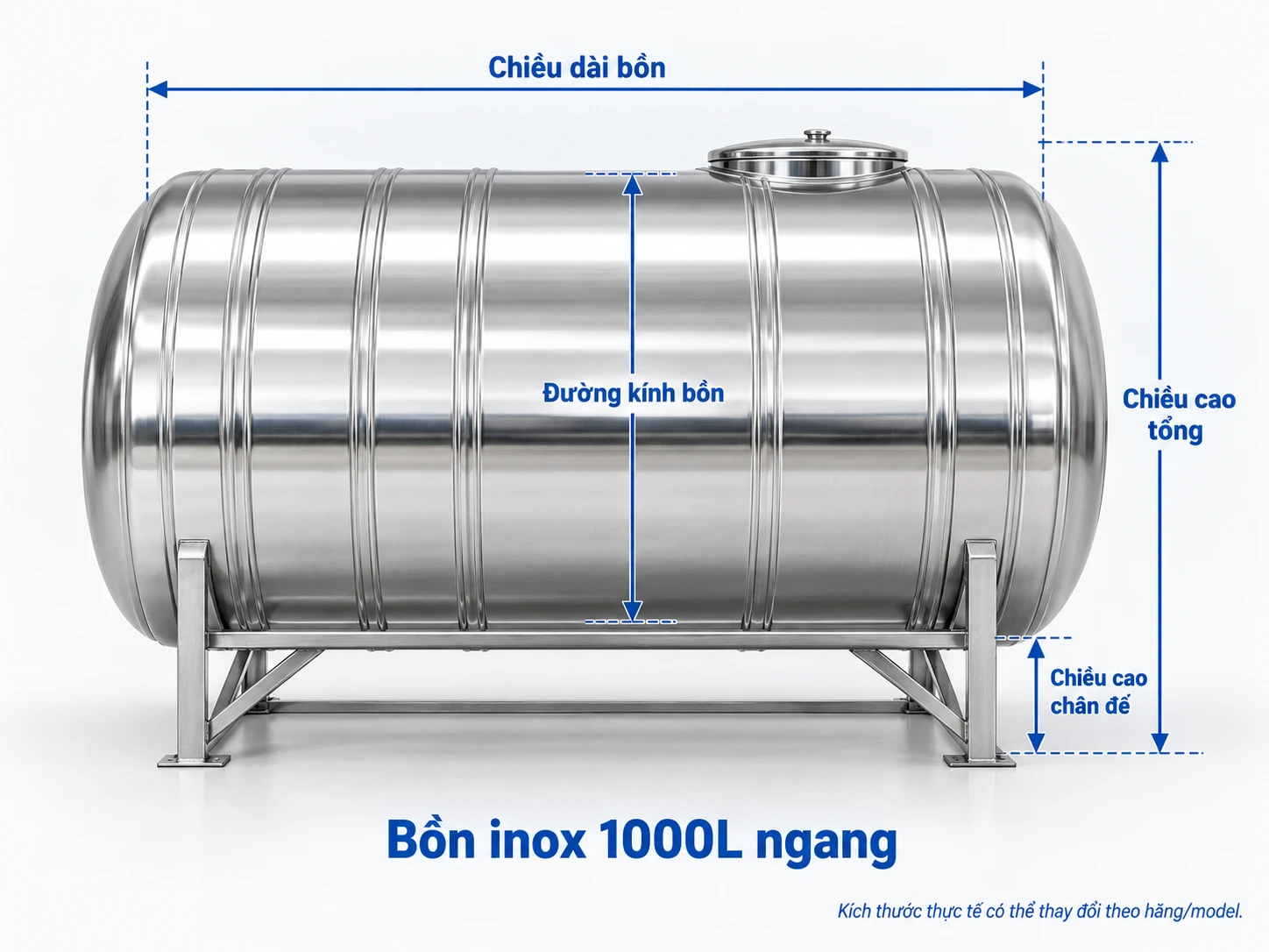 sơ đồ kích thước bồn inox 1000L ngang nằm