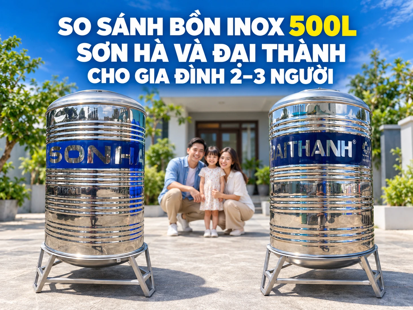 So sánh bồn inox 500L Sơn Hà và Đại Thành cho gia đình 2–3 người