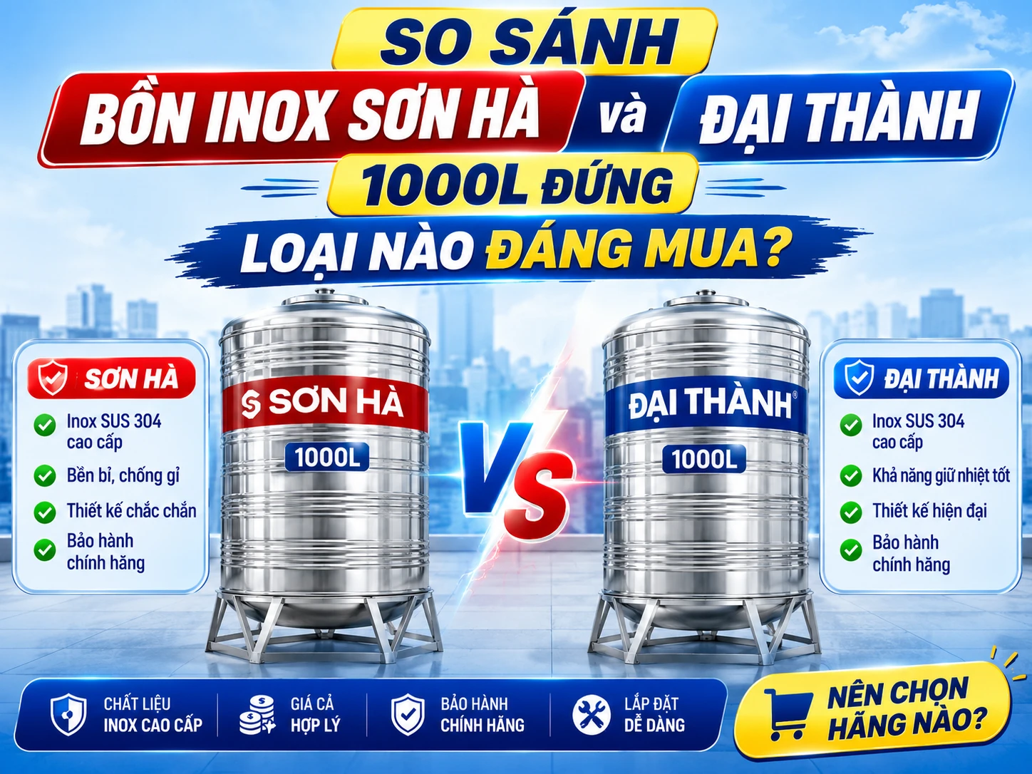 So sánh bồn inox Sơn Hà đứng và bồn inox Đại Thành 1000L đứng
