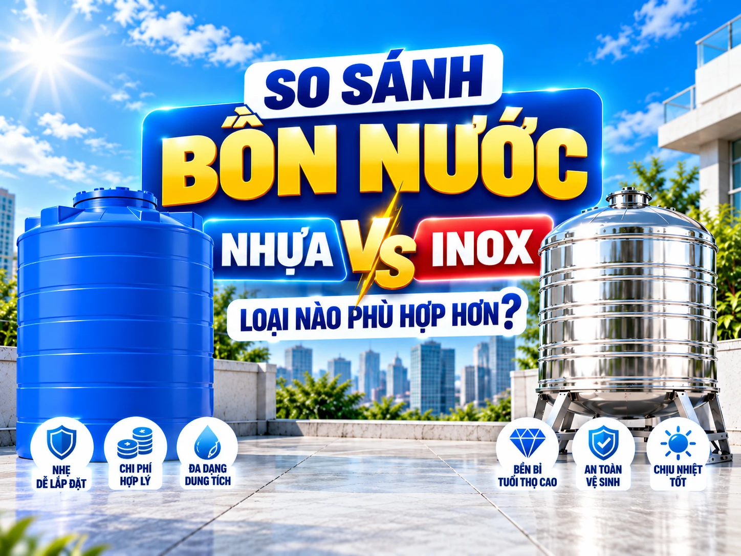 So sánh bồn nước nhựa và inox đặt cạnh nhau trên sân thượng