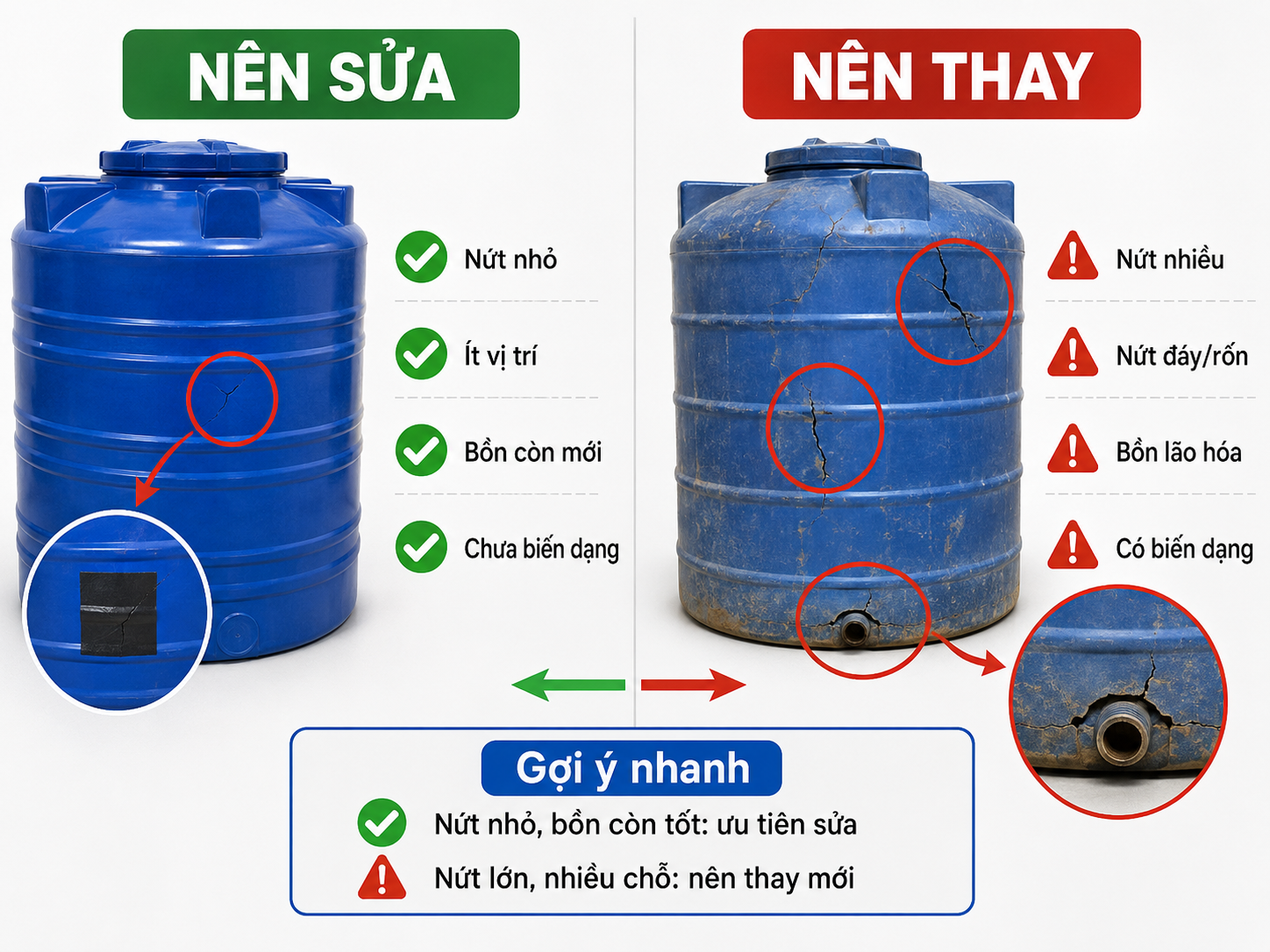 So sánh khi nào nên sửa hoặc thay bồn nước nhựa bị nứt