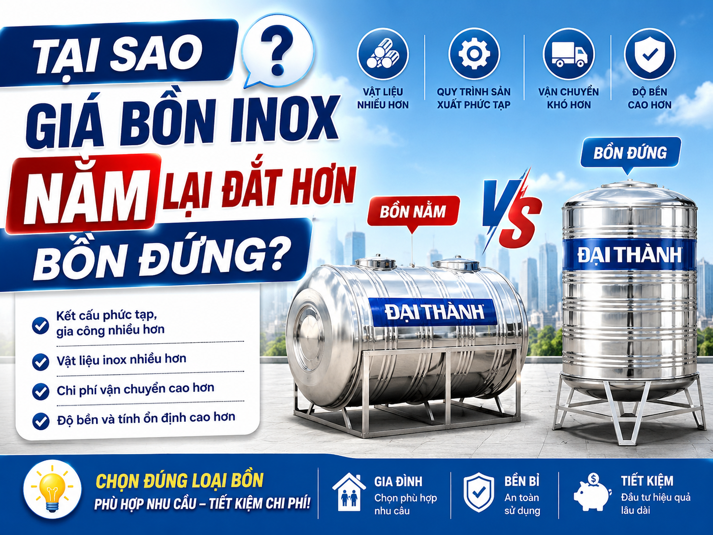 Giá bồn inox nằm phụ thuộc kết cấu thân bồn và chân đỡ