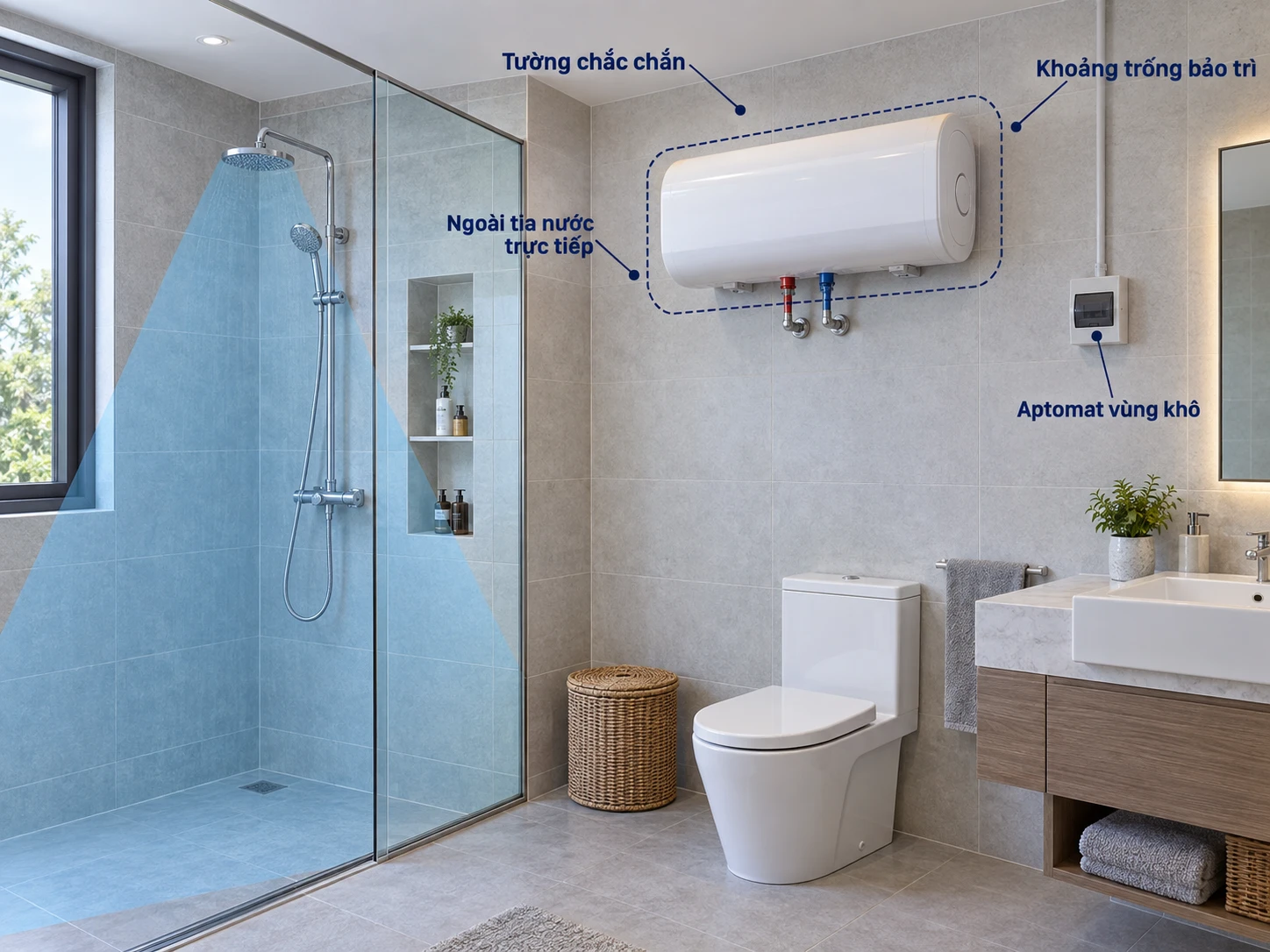 vị trí lắp bình nóng lạnh trong phòng tắm