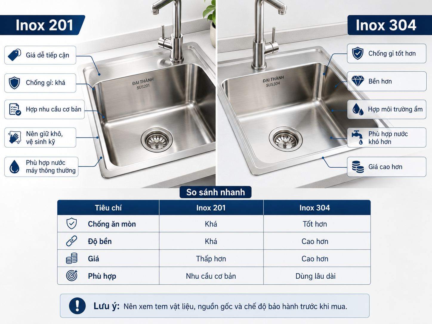 So sánh chậu inox Đại Thành 201 và 304