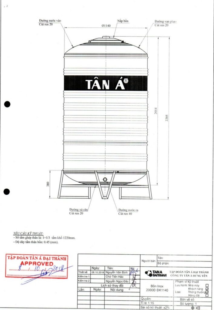 Minh họa kỹ thuật bồn inox 2000L Tân Á (đứng và ngang) đặt trên khung kệ