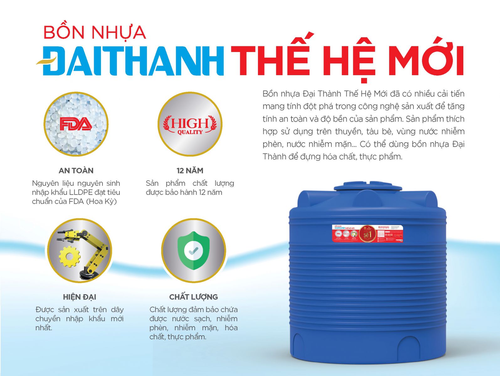 Bồn nước nhựa Thế Hệ Mới Tân Á Đại Thành màu xanh dương đặt trên sân thượng