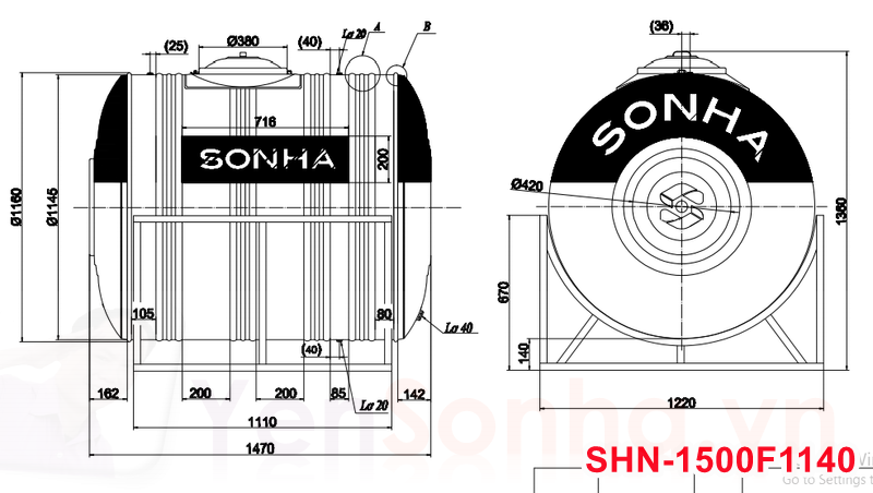 Kích thước chân bồn inox 1500L ngang Tân Á thực tế