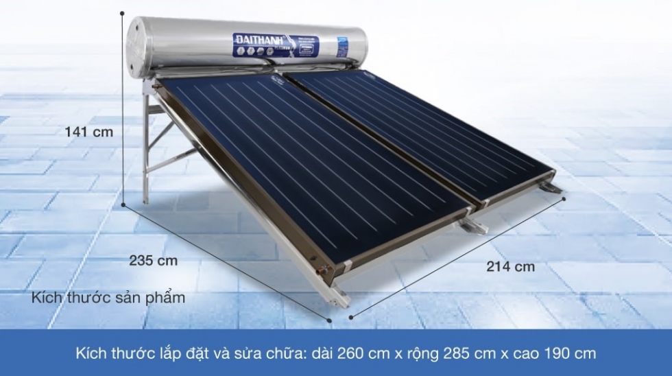 Kích thước máy nước nóng năng lượng mặt trời Đại Thành 300L