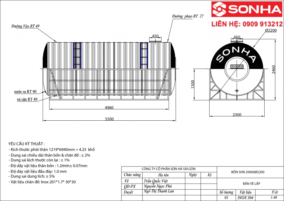 Kích thước bồn nước inox Sơn Hà 20000L