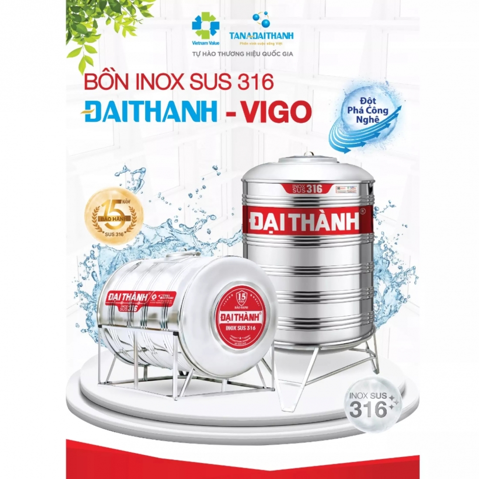 Bồn nước inox 1500 Lít SUS 316 chính hãng