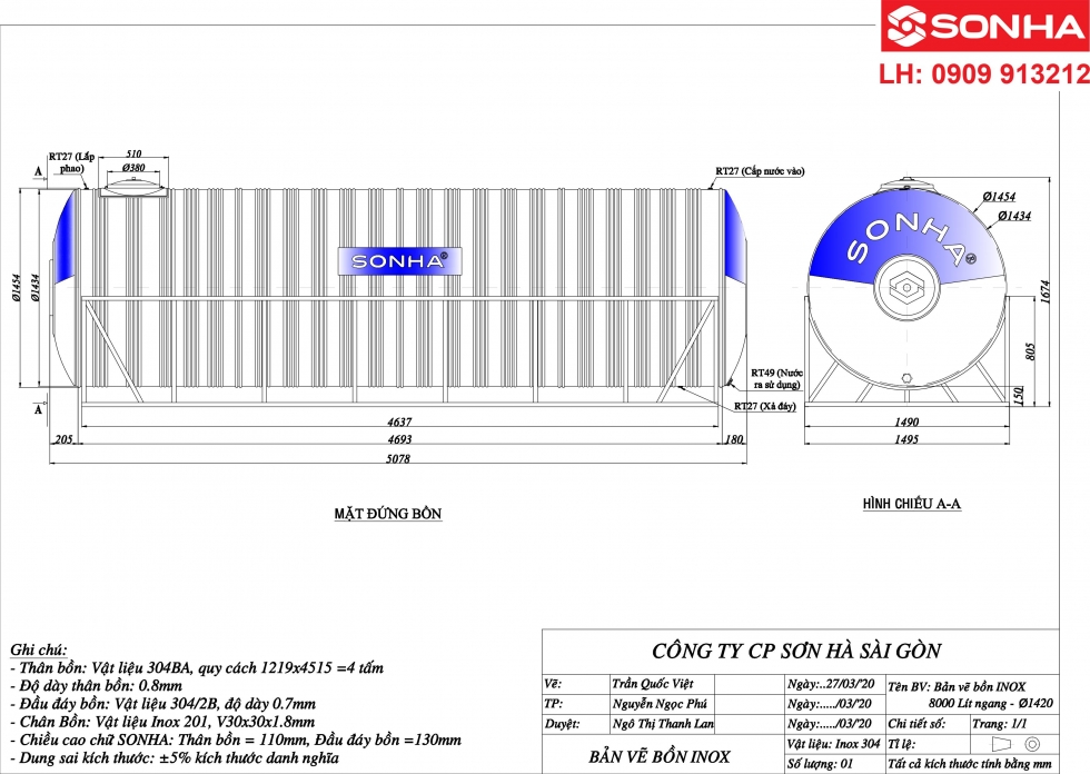kích thước bồn nước inox 8000 lít