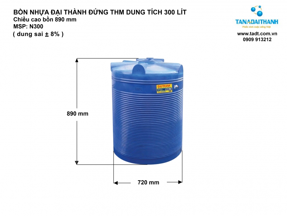 Kích thước bồn nước nhựa 300L đứng