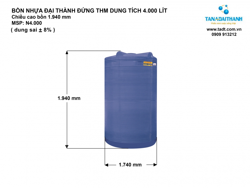 Kích thước bồn nước nhựa 4000L đứng