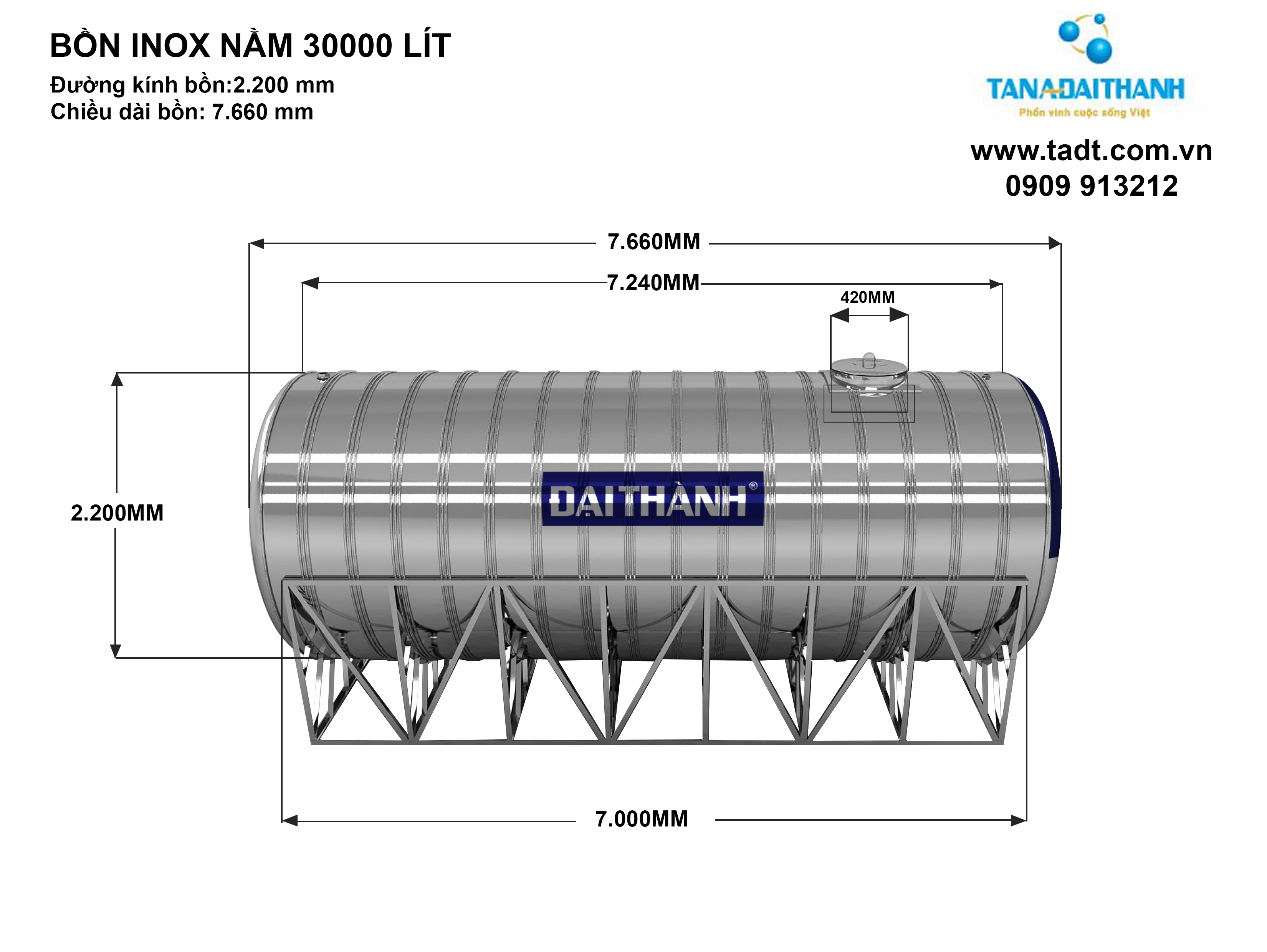 Kích thước bồn nước inox Đại Thành 30000 lít