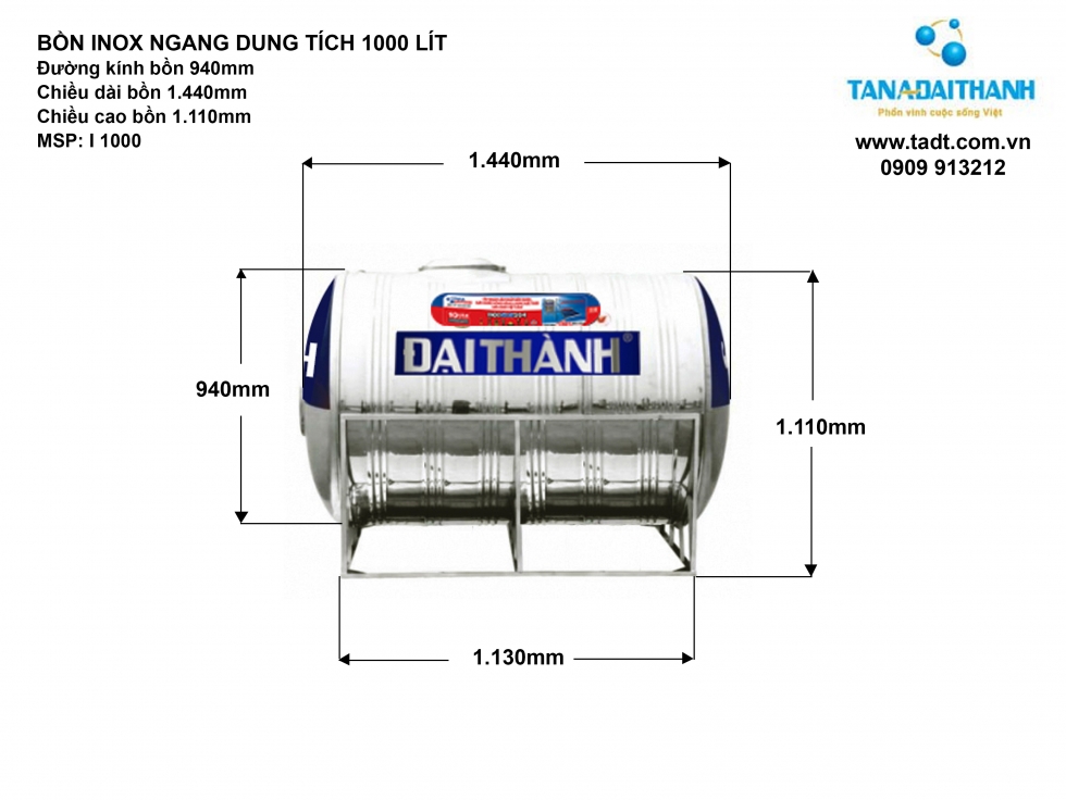 Kích thước bồn nước inox 1000 lít nằm