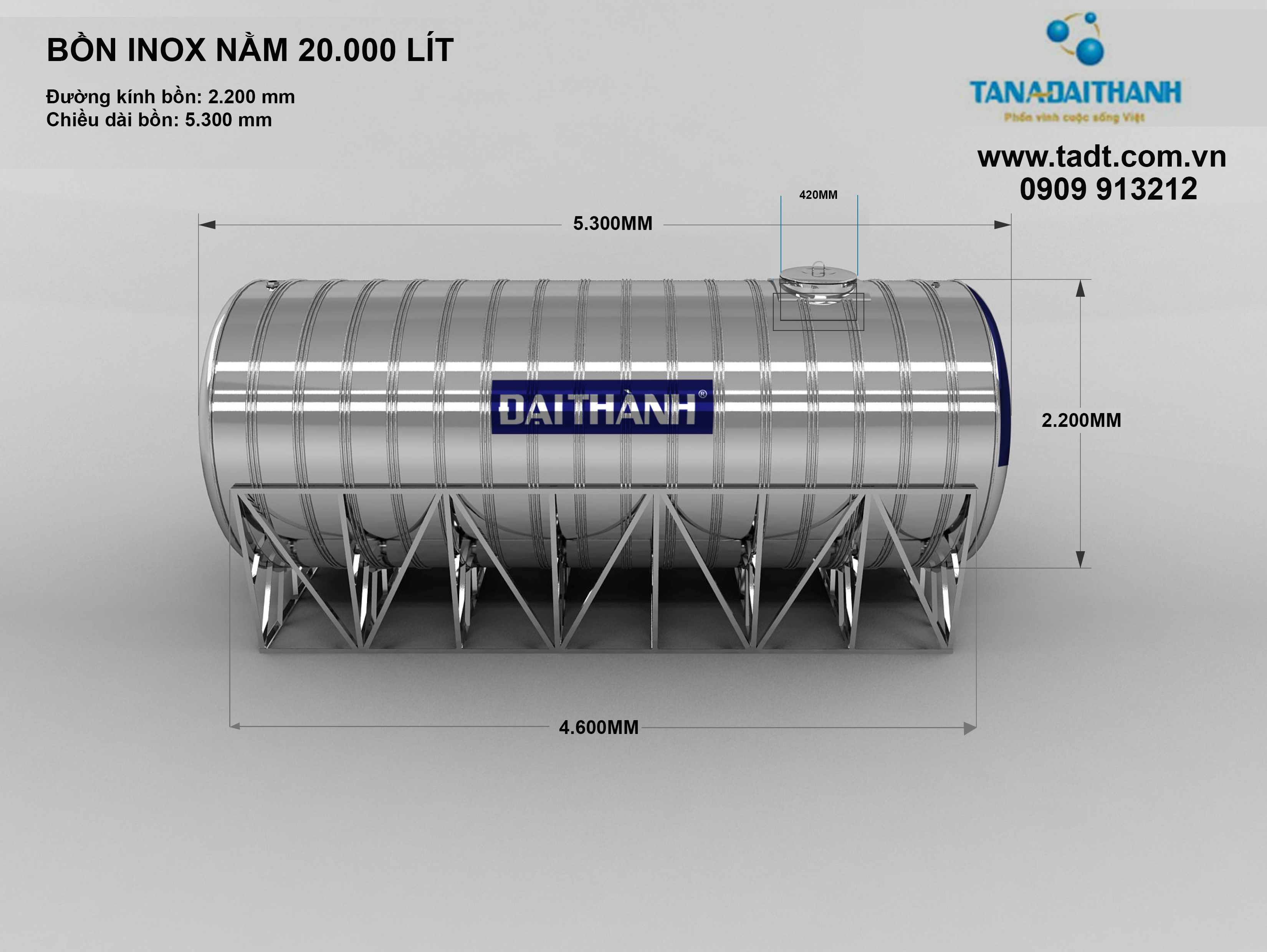 Kích thước bồn nước inox Đại Thành 20000L ngang