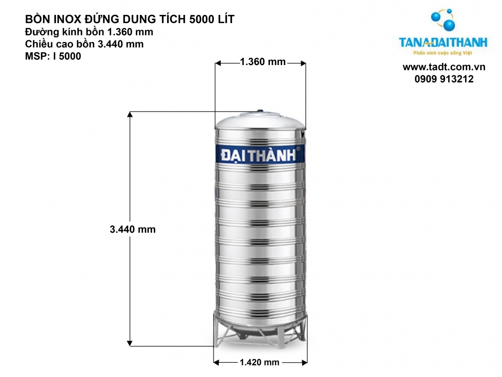 Kích thước bồn nước inox 5000 lít đứng  