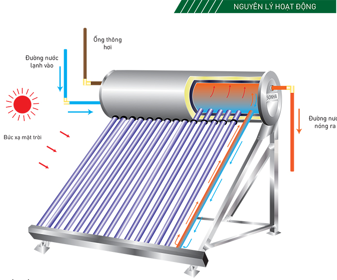 Nguyên lý hoạt động máy nước nóng năng lượng mặt trời thái dương năng